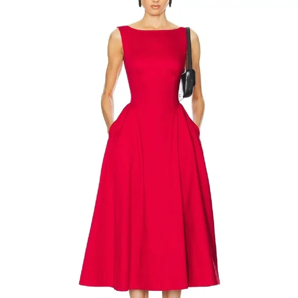 NWT Helsa Stretch Cotton Sateen Midi Dress - Red Lipstick - Picture 8 of 10